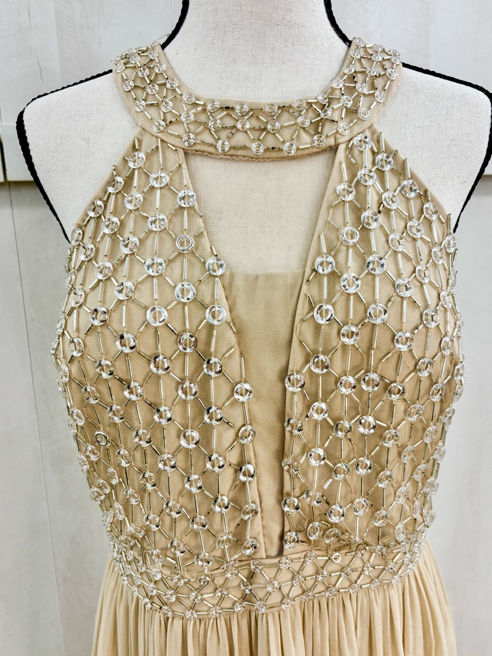 JS Collections Champagne Gold Beaded Halter Evening Gown Maxi Dress Size 10